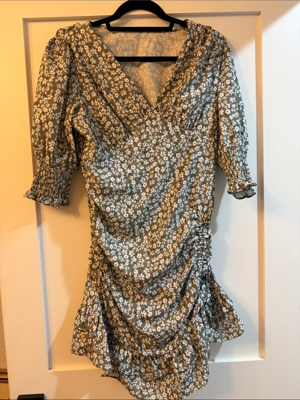 Green Floral Wrap-Style Mini Dress with Ruffle Hem